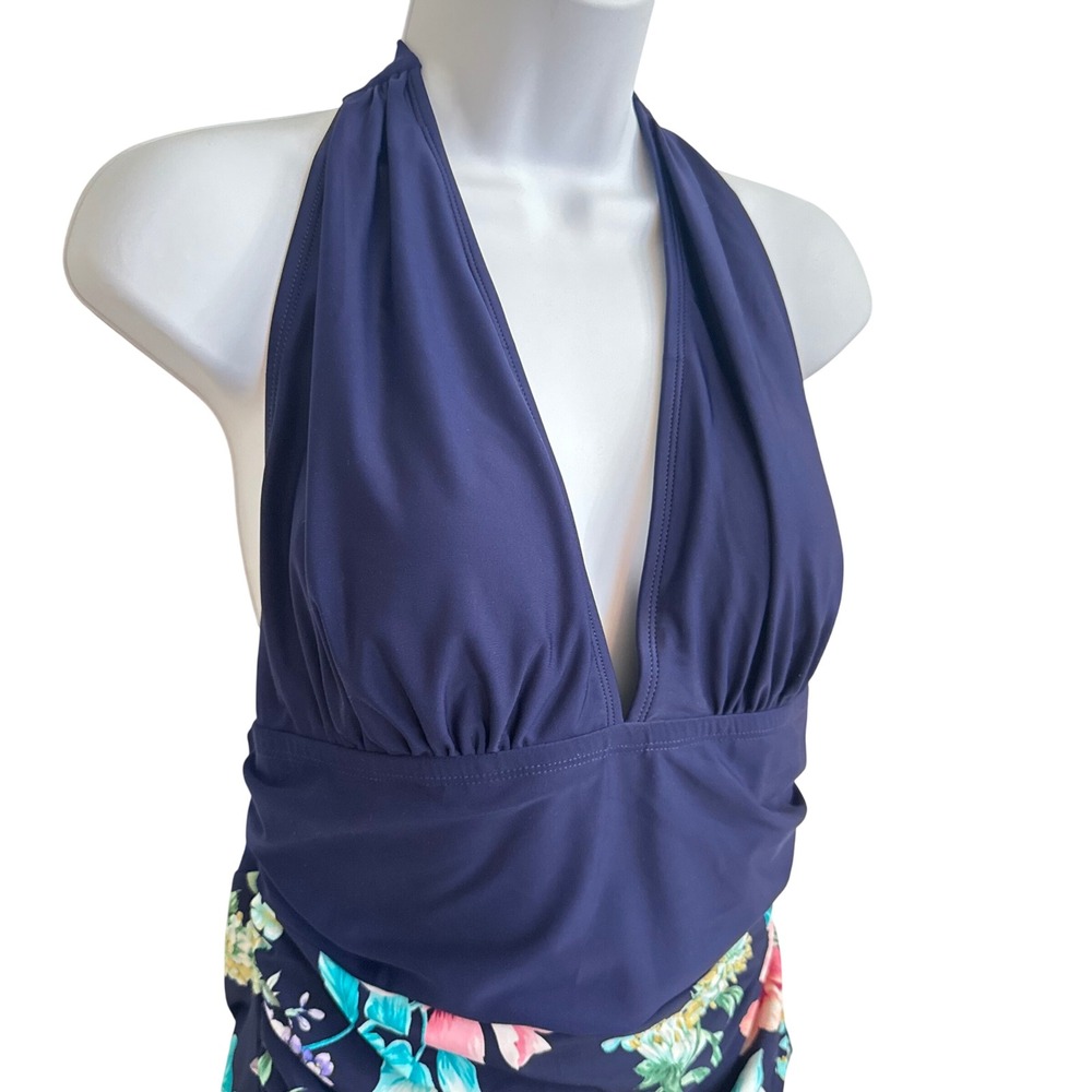 Cupshe Navy Blue Floral Halter One Piece Swimsuit XL - Picture 2 of 8